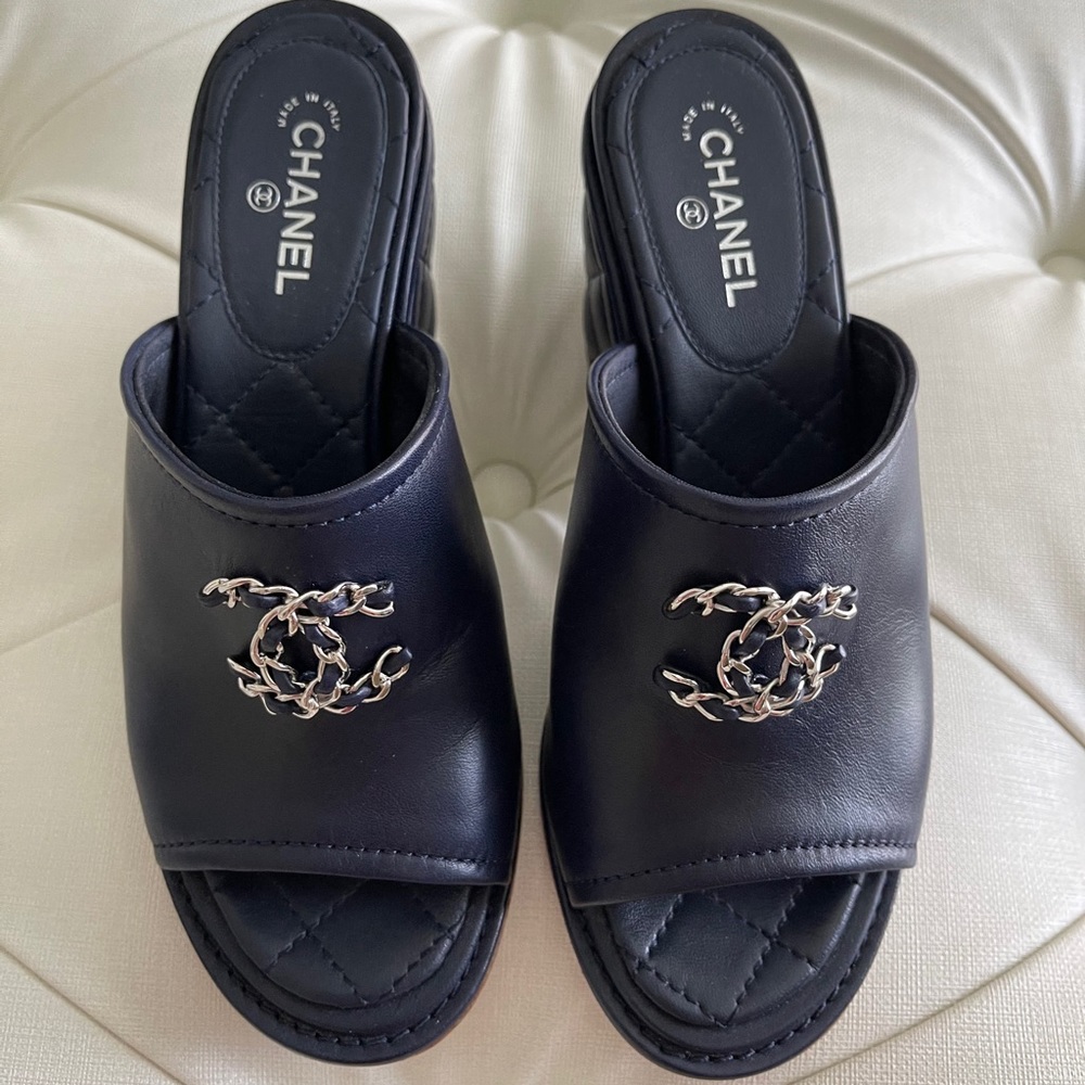 Chanel blue quilted cc wedge sandal